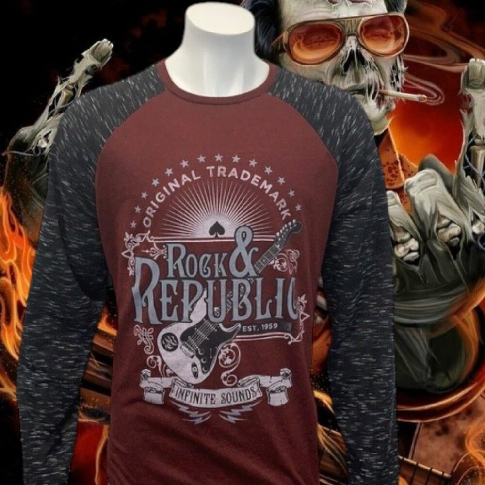 Rock & Republic Maroon Black Pullover Long Sleeve Infinite Sounds Graphic Shirt